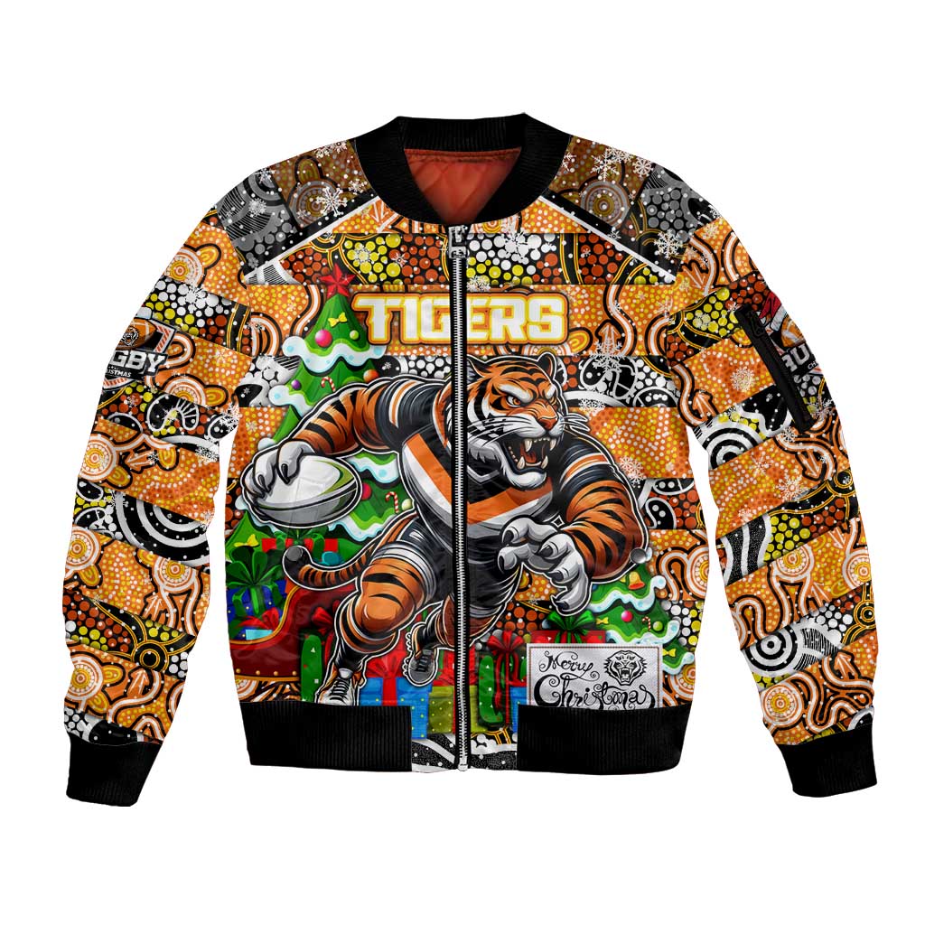 Custom Tigers Rugby Merry Christmas Sleeve Zip Bomber Jacket Indigenous Australian Art