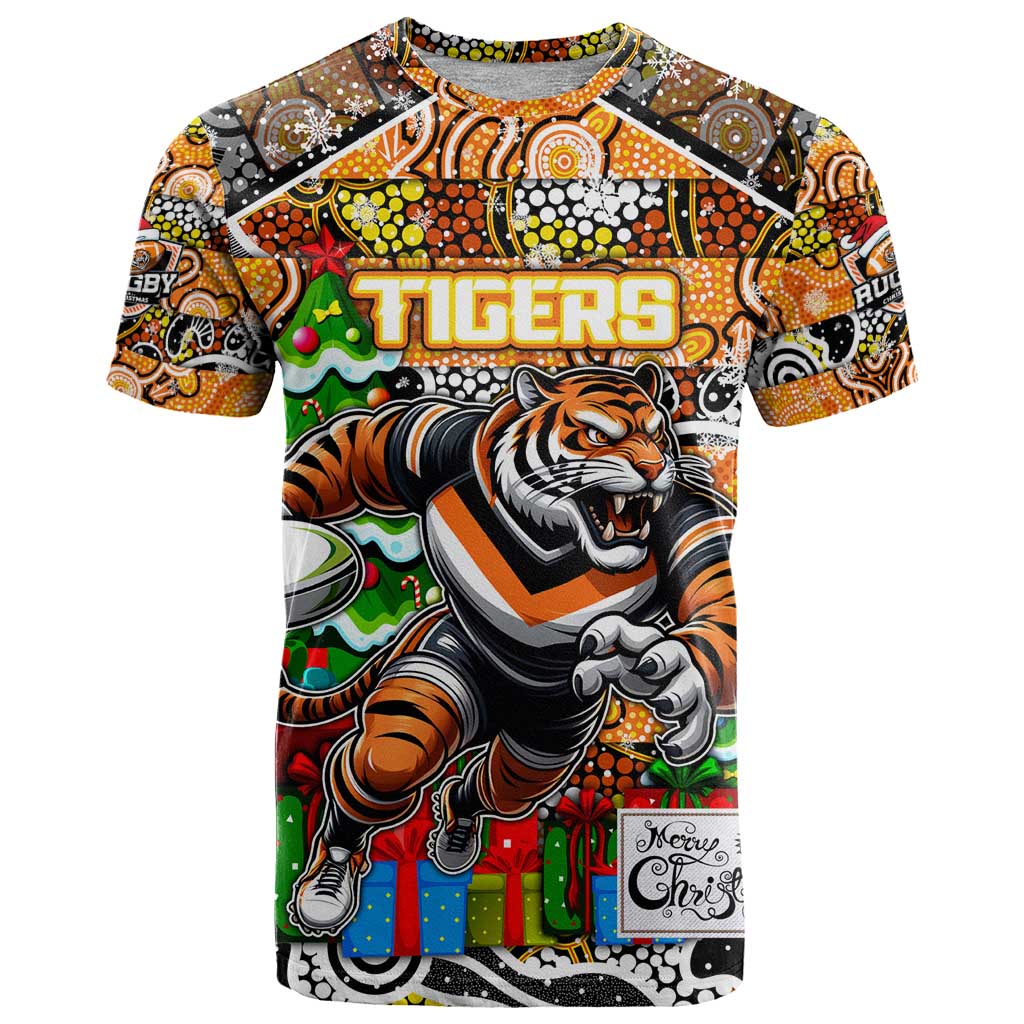 Custom Tigers Rugby Merry Christmas T Shirt Indigenous Australian Art