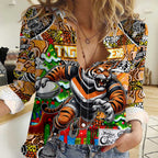 Custom Tigers Rugby Merry Christmas Women Casual Shirt Indigenous Australian Art