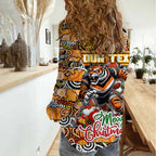 Custom Tigers Rugby Merry Christmas Women Casual Shirt Indigenous Australian Art