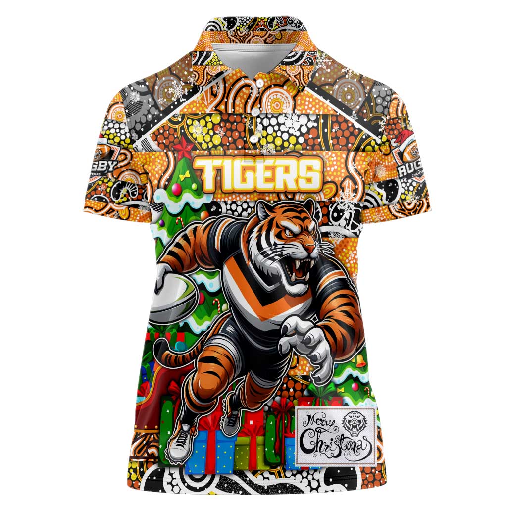Custom Tigers Rugby Merry Christmas Women Polo Shirt Indigenous Australian Art