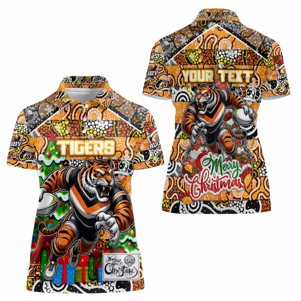 Custom Tigers Rugby Merry Christmas Women Polo Shirt Indigenous Australian Art