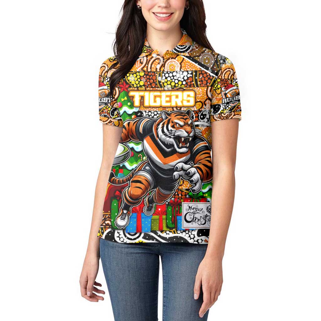 Custom Tigers Rugby Merry Christmas Women Polo Shirt Indigenous Australian Art