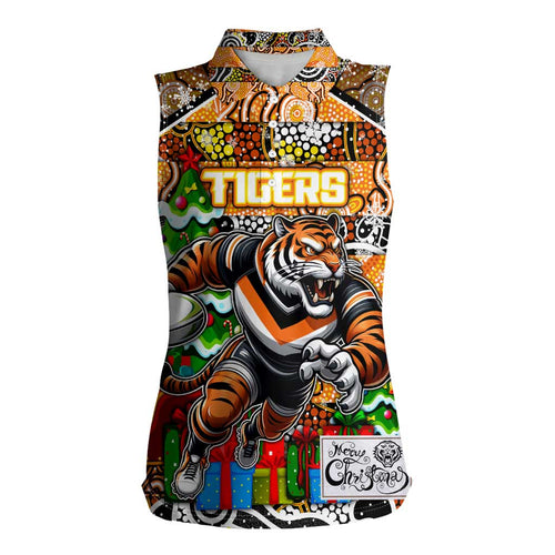 Custom Tigers Rugby Merry Christmas Women Sleeveless Polo Shirt Indigenous Australian Art