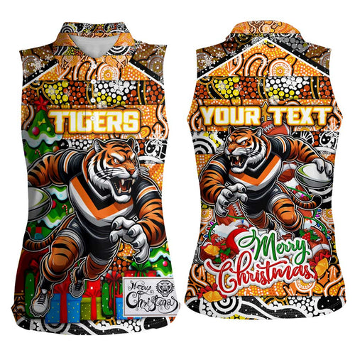 Custom Tigers Rugby Merry Christmas Women Sleeveless Polo Shirt Indigenous Australian Art