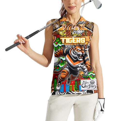 Custom Tigers Rugby Merry Christmas Women Sleeveless Polo Shirt Indigenous Australian Art