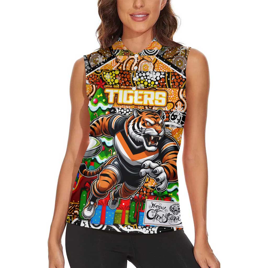 Custom Tigers Rugby Merry Christmas Women Sleeveless Polo Shirt Indigenous Australian Art