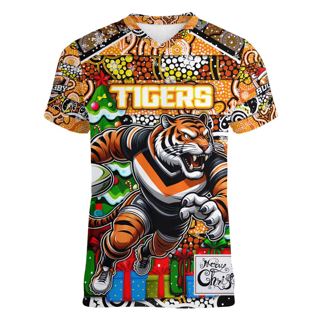 Custom Tigers Rugby Merry Christmas Women V-Neck T-Shirt Indigenous Australian Art