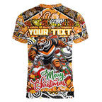 Custom Tigers Rugby Merry Christmas Women V-Neck T-Shirt Indigenous Australian Art