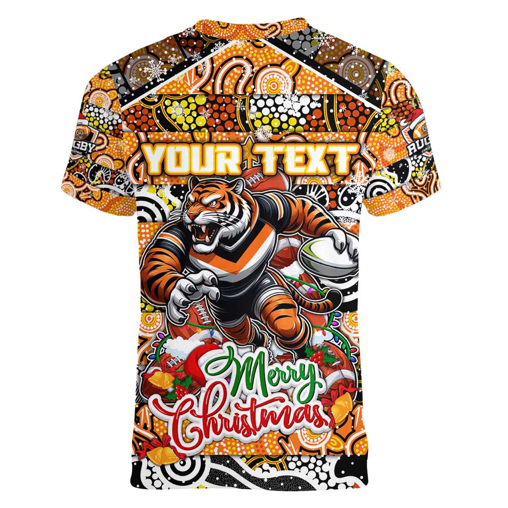 Custom Tigers Rugby Merry Christmas Women V-Neck T-Shirt Indigenous Australian Art