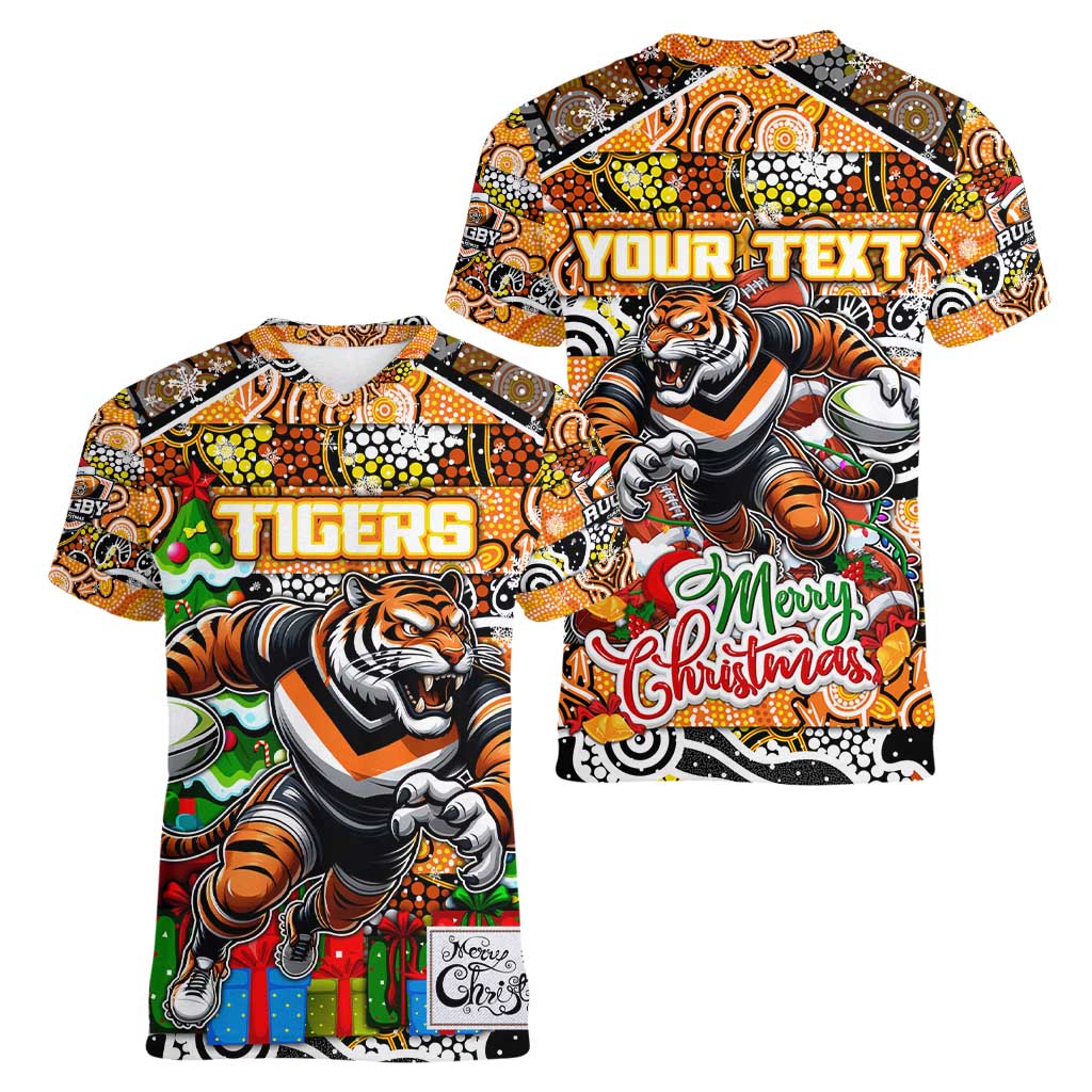 Custom Tigers Rugby Merry Christmas Women V-Neck T-Shirt Indigenous Australian Art