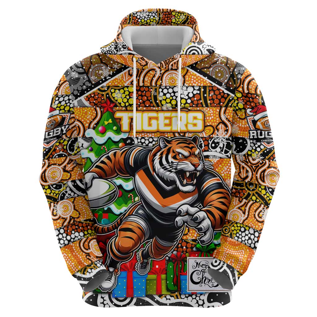 Custom Tigers Rugby Merry Christmas Zip Hoodie Indigenous Australian Art