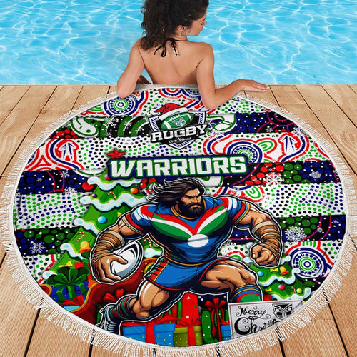 New Zealand Warriors Rugby Merry Christmas Beach Blanket Indigenous Australian Art
