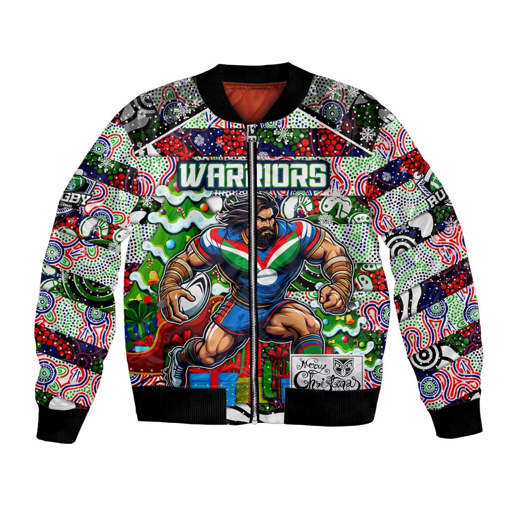 Custom New Zealand Warriors Rugby Merry Christmas Bomber Jacket Indigenous Australian Art