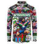 Custom New Zealand Warriors Rugby Merry Christmas Button Sweatshirt Indigenous Australian Art