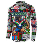 Custom New Zealand Warriors Rugby Merry Christmas Button Sweatshirt Indigenous Australian Art
