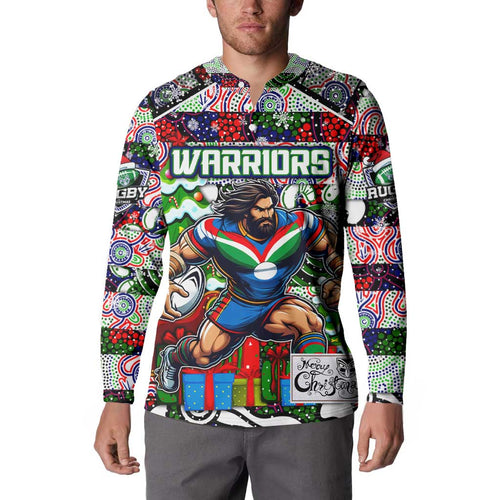 Custom New Zealand Warriors Rugby Merry Christmas Button Sweatshirt Indigenous Australian Art