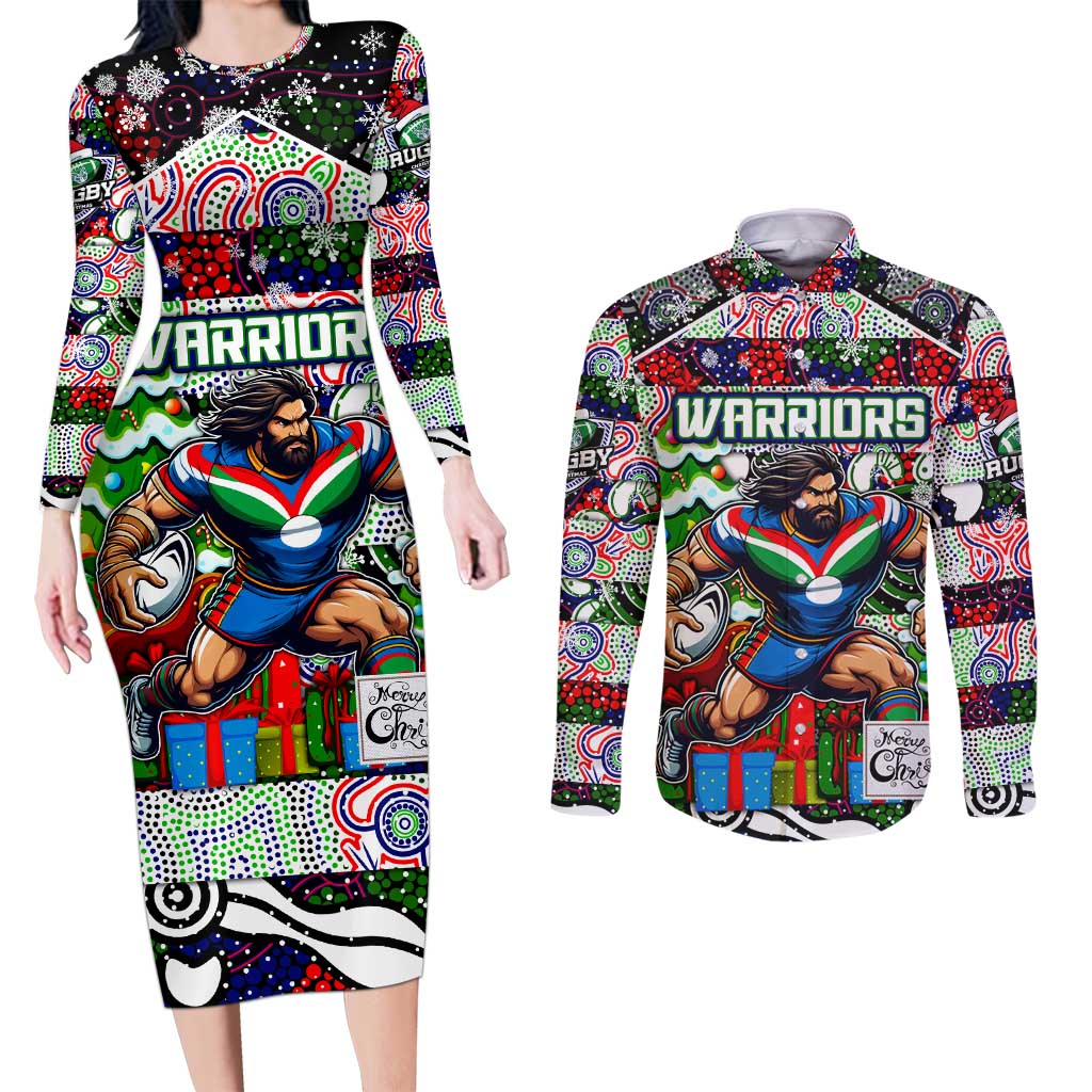 Custom New Zealand Warriors Rugby Merry Christmas Couples Matching Long Sleeve Bodycon Dress and Long Sleeve Button Shirt Indigenous Australian Art