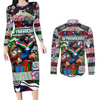 Custom New Zealand Warriors Rugby Merry Christmas Couples Matching Long Sleeve Bodycon Dress and Long Sleeve Button Shirt Indigenous Australian Art