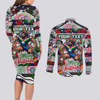 Custom New Zealand Warriors Rugby Merry Christmas Couples Matching Long Sleeve Bodycon Dress and Long Sleeve Button Shirt Indigenous Australian Art