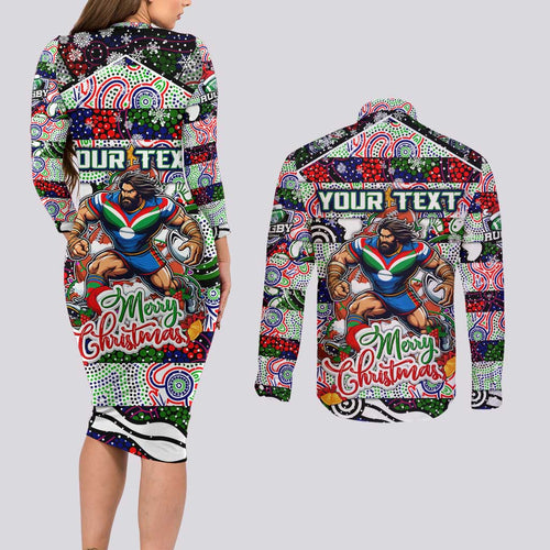 Custom New Zealand Warriors Rugby Merry Christmas Couples Matching Long Sleeve Bodycon Dress and Long Sleeve Button Shirt Indigenous Australian Art