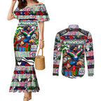 Custom New Zealand Warriors Rugby Merry Christmas Couples Matching Mermaid Dress and Long Sleeve Button Shirt Indigenous Australian Art