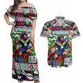 Custom New Zealand Warriors Rugby Merry Christmas Couples Matching Off Shoulder Maxi Dress and Hawaiian Shirt Indigenous Australian Art