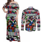 Custom New Zealand Warriors Rugby Merry Christmas Couples Matching Off Shoulder Maxi Dress and Long Sleeve Button Shirt Indigenous Australian Art