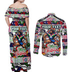 Custom New Zealand Warriors Rugby Merry Christmas Couples Matching Off Shoulder Maxi Dress and Long Sleeve Button Shirt Indigenous Australian Art