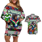Custom New Zealand Warriors Rugby Merry Christmas Couples Matching Off Shoulder Short Dress and Hawaiian Shirt Indigenous Australian Art