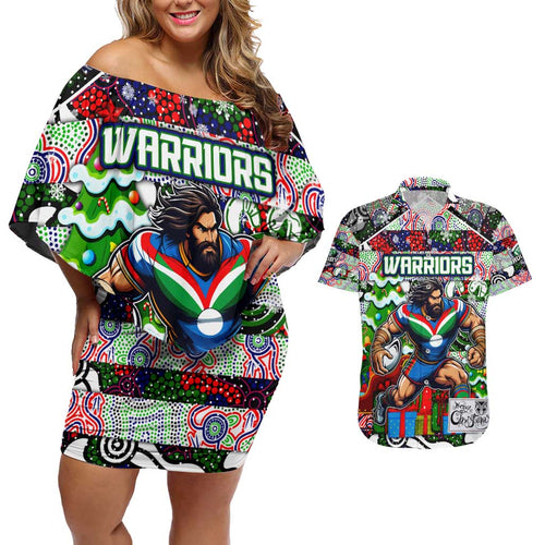 Custom New Zealand Warriors Rugby Merry Christmas Couples Matching Off Shoulder Short Dress and Hawaiian Shirt Indigenous Australian Art