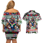 Custom New Zealand Warriors Rugby Merry Christmas Couples Matching Off Shoulder Short Dress and Hawaiian Shirt Indigenous Australian Art