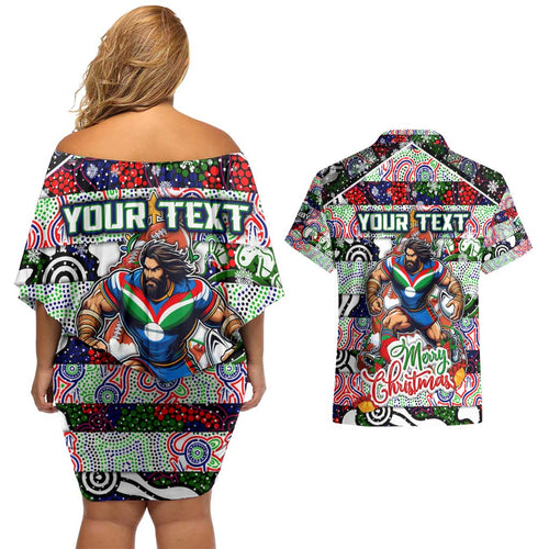 Custom New Zealand Warriors Rugby Merry Christmas Couples Matching Off Shoulder Short Dress and Hawaiian Shirt Indigenous Australian Art