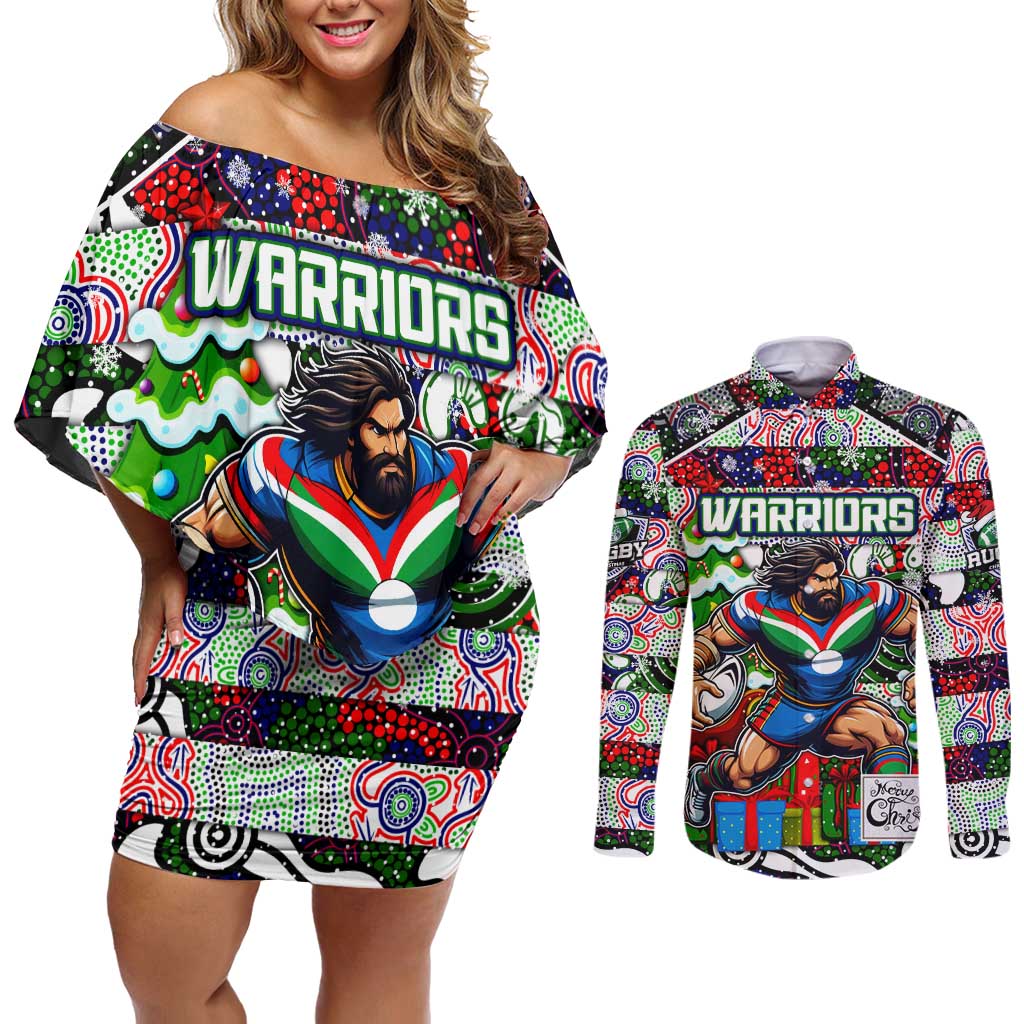 Custom New Zealand Warriors Rugby Merry Christmas Couples Matching Off Shoulder Short Dress and Long Sleeve Button Shirt Indigenous Australian Art