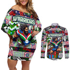 Custom New Zealand Warriors Rugby Merry Christmas Couples Matching Off Shoulder Short Dress and Long Sleeve Button Shirt Indigenous Australian Art