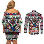 Custom New Zealand Warriors Rugby Merry Christmas Couples Matching Off Shoulder Short Dress and Long Sleeve Button Shirt Indigenous Australian Art