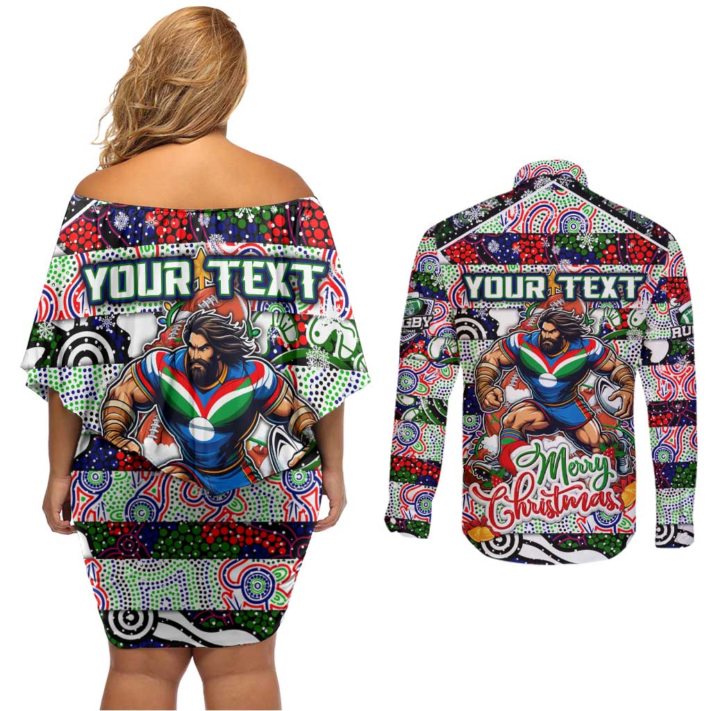 Custom New Zealand Warriors Rugby Merry Christmas Couples Matching Off Shoulder Short Dress and Long Sleeve Button Shirt Indigenous Australian Art
