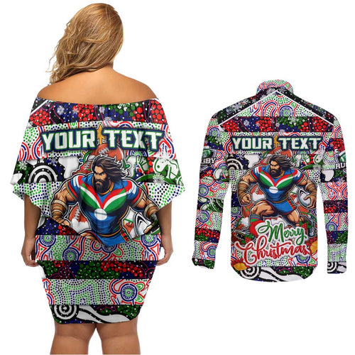 Custom New Zealand Warriors Rugby Merry Christmas Couples Matching Off Shoulder Short Dress and Long Sleeve Button Shirt Indigenous Australian Art