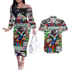 Custom New Zealand Warriors Rugby Merry Christmas Couples Matching Off The Shoulder Long Sleeve Dress and Hawaiian Shirt Indigenous Australian Art