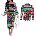 Custom New Zealand Warriors Rugby Merry Christmas Couples Matching Off The Shoulder Long Sleeve Dress and Long Sleeve Button Shirt Indigenous Australian Art