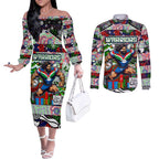 Custom New Zealand Warriors Rugby Merry Christmas Couples Matching Off The Shoulder Long Sleeve Dress and Long Sleeve Button Shirt Indigenous Australian Art