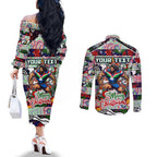 Custom New Zealand Warriors Rugby Merry Christmas Couples Matching Off The Shoulder Long Sleeve Dress and Long Sleeve Button Shirt Indigenous Australian Art