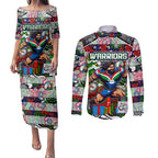 Custom New Zealand Warriors Rugby Merry Christmas Couples Matching Puletasi and Long Sleeve Button Shirt Indigenous Australian Art