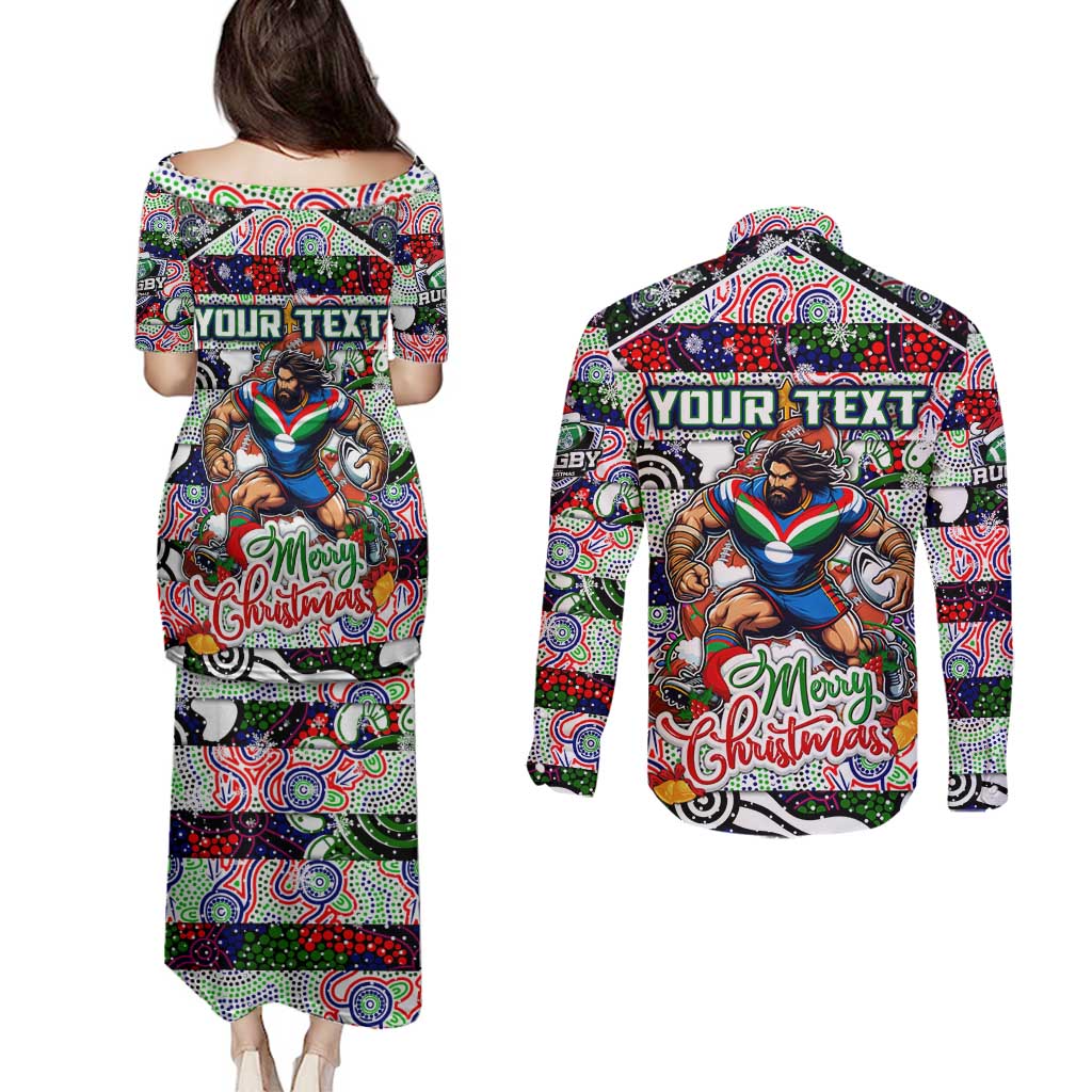 Custom New Zealand Warriors Rugby Merry Christmas Couples Matching Puletasi and Long Sleeve Button Shirt Indigenous Australian Art