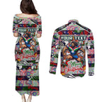 Custom New Zealand Warriors Rugby Merry Christmas Couples Matching Puletasi and Long Sleeve Button Shirt Indigenous Australian Art