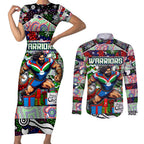 Custom New Zealand Warriors Rugby Merry Christmas Couples Matching Short Sleeve Bodycon Dress and Long Sleeve Button Shirt Indigenous Australian Art