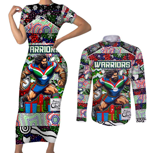 Custom New Zealand Warriors Rugby Merry Christmas Couples Matching Short Sleeve Bodycon Dress and Long Sleeve Button Shirt Indigenous Australian Art
