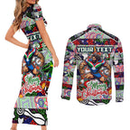 Custom New Zealand Warriors Rugby Merry Christmas Couples Matching Short Sleeve Bodycon Dress and Long Sleeve Button Shirt Indigenous Australian Art
