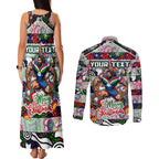 Custom New Zealand Warriors Rugby Merry Christmas Couples Matching Tank Maxi Dress and Long Sleeve Button Shirt Indigenous Australian Art
