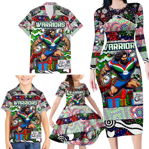 Custom New Zealand Warriors Rugby Merry Christmas Family Matching Long Sleeve Bodycon Dress and Hawaiian Shirt Indigenous Australian Art